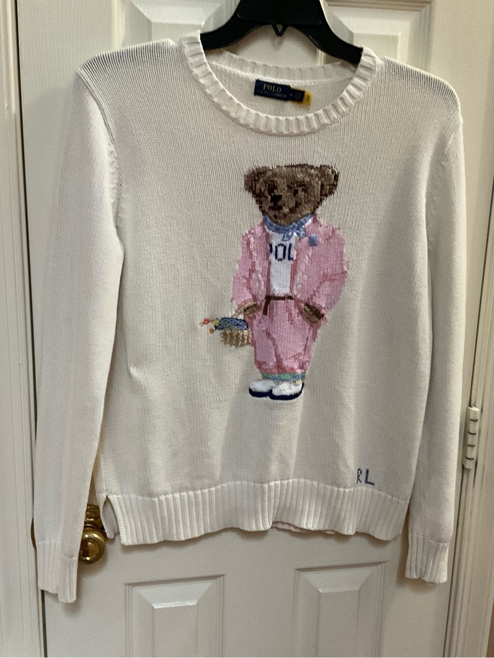 Ralph Lauren White Crewneck Sweater with Pink Polo Bear